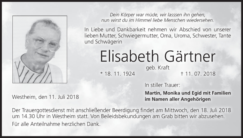  Traueranzeige für Elisabeth Gärtner vom 14.07.2018 aus MGO