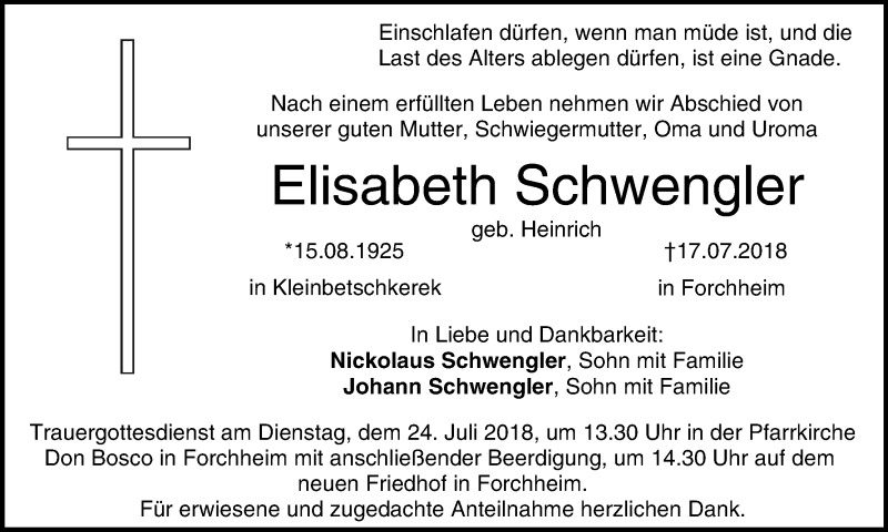  Traueranzeige für Elisabeth Schwengler vom 21.07.2018 aus MGO