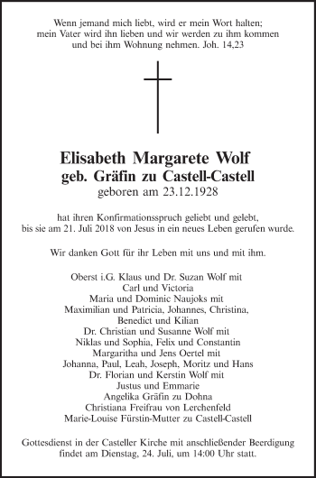 Anzeige von Elisabeth Margarete Wolf von MGO