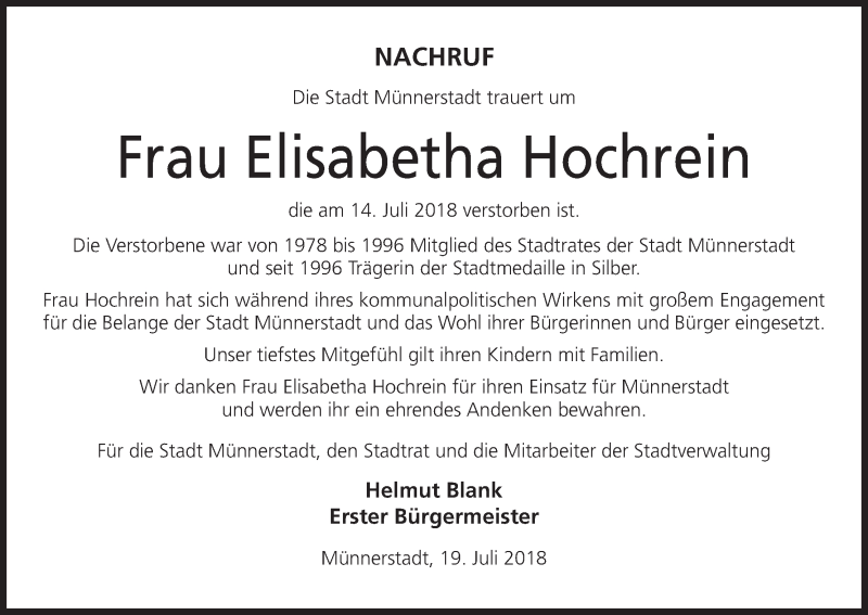  Traueranzeige für Elisabetha Hochrein vom 21.07.2018 aus MGO