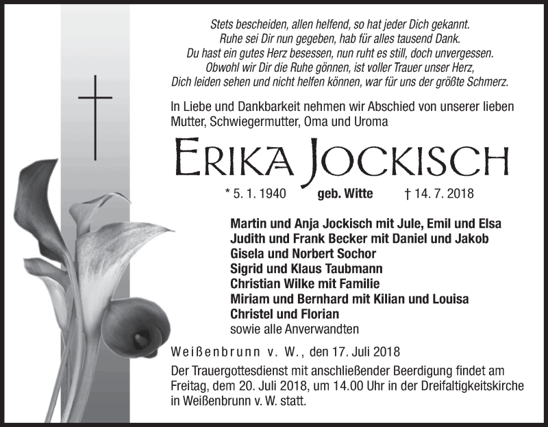  Traueranzeige für Erika Jockisch vom 17.07.2018 aus MGO