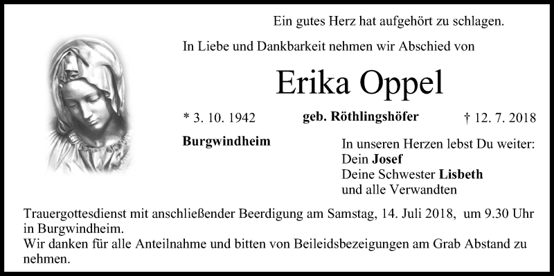  Traueranzeige für Erika Oppel vom 13.07.2018 aus MGO