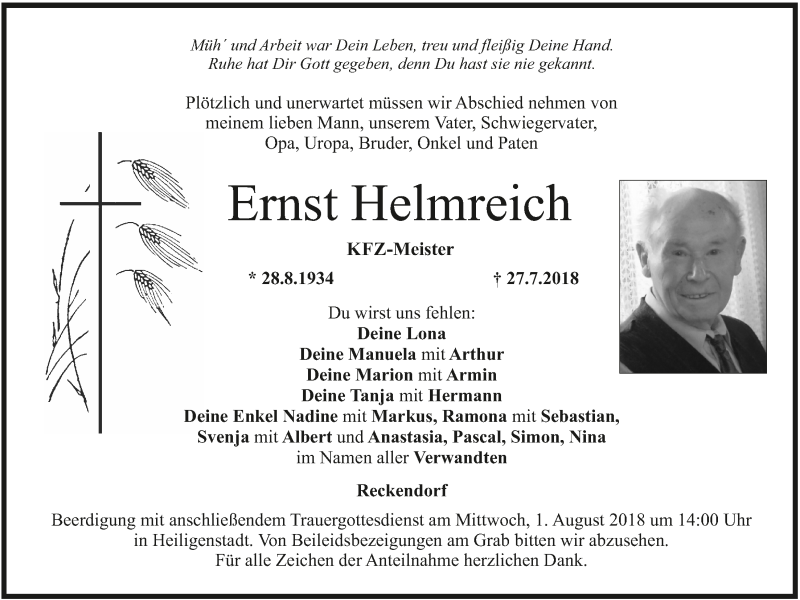  Traueranzeige für Ernst Helmreich vom 30.07.2018 aus MGO