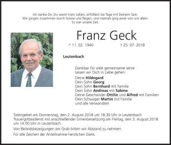 Anzeige von Franz Geck von MGO