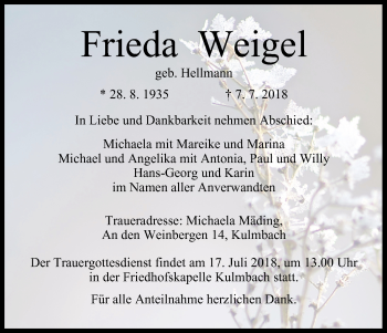 Anzeige von Frieda Weigel von MGO