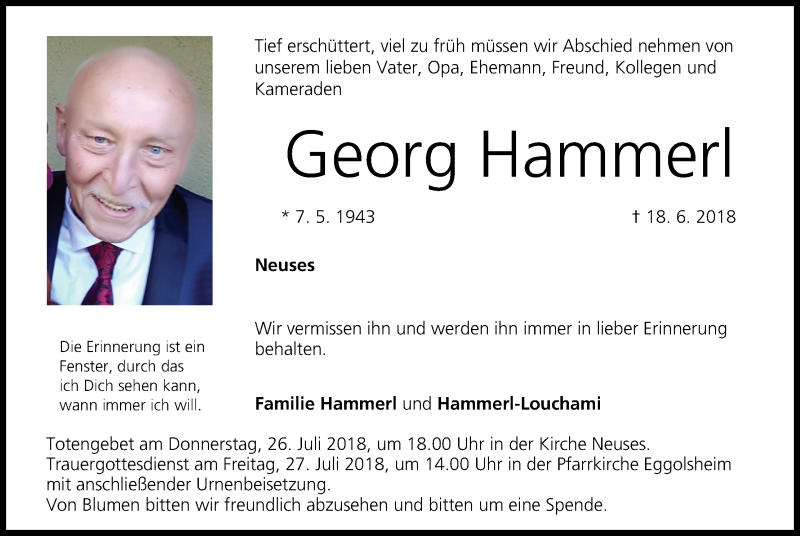  Traueranzeige für Georg Hammerl vom 24.07.2018 aus MGO