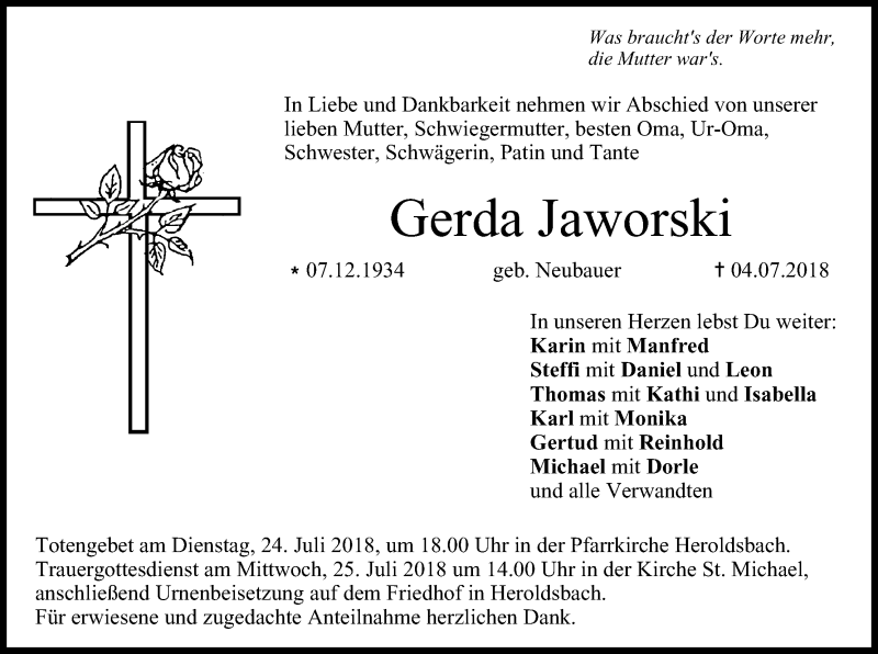  Traueranzeige für Gerda Jaworski vom 21.07.2018 aus MGO