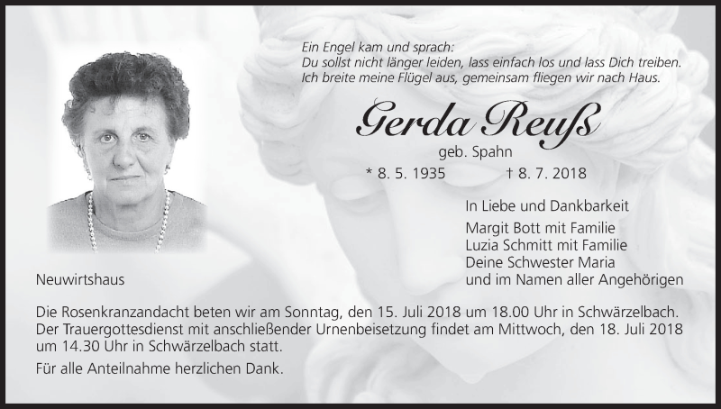  Traueranzeige für Gerda Reuß vom 14.07.2018 aus MGO