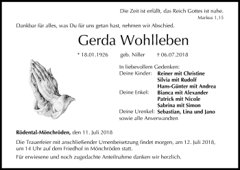 Anzeige von Gerda Wohlleben von MGO