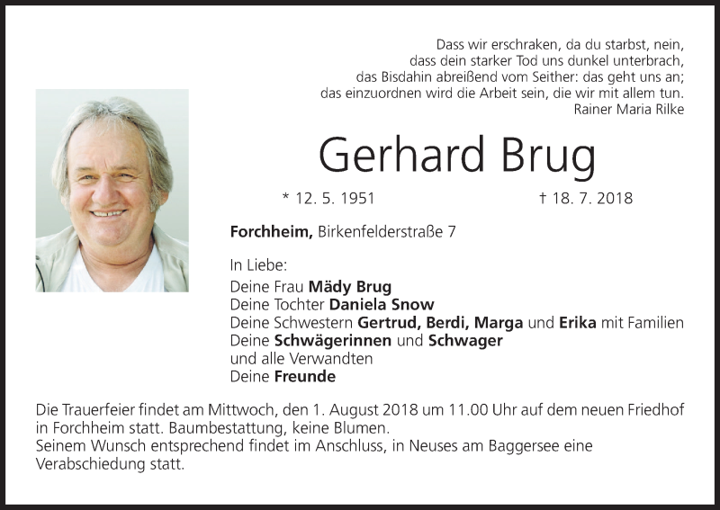  Traueranzeige für Gerhard Brug vom 28.07.2018 aus MGO