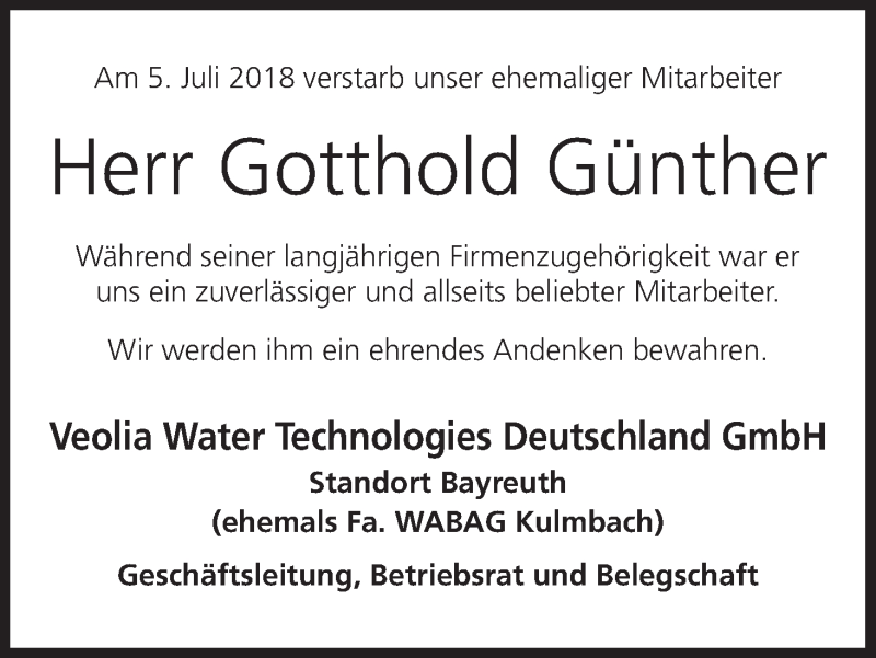  Traueranzeige für Gotthold Günther vom 27.07.2018 aus MGO