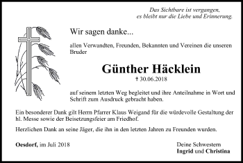 Anzeige von Günther Häcklein von MGO