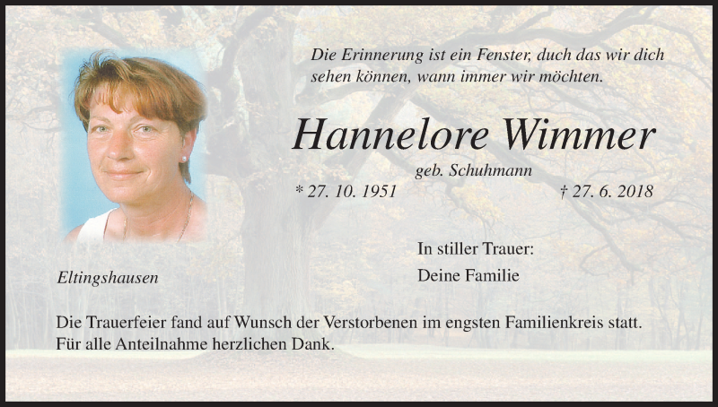  Traueranzeige für Hannelore Wimmer vom 14.07.2018 aus MGO