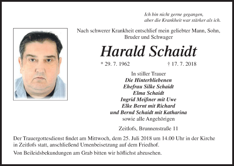  Traueranzeige für Harald Schaidt vom 21.07.2018 aus MGO