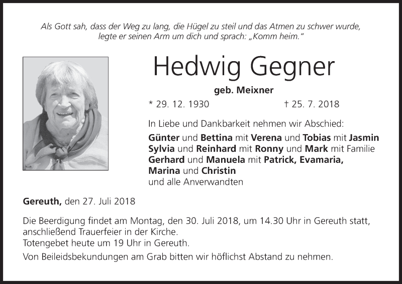  Traueranzeige für Hedwig Gegner vom 27.07.2018 aus MGO