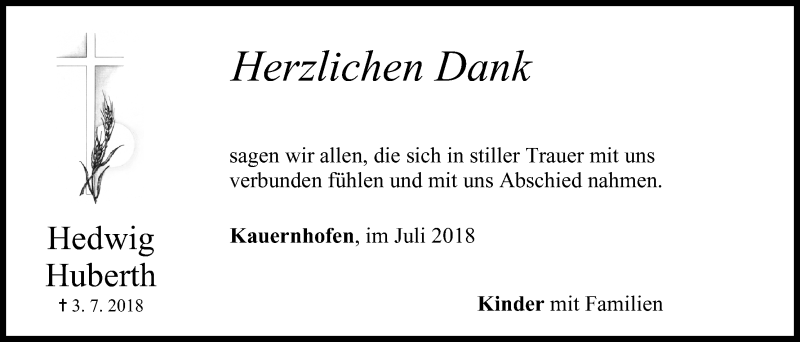  Traueranzeige für Hedwig Huberth vom 21.07.2018 aus MGO