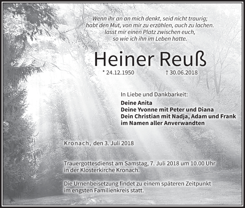  Traueranzeige für Heiner Reuß vom 03.07.2018 aus MGO