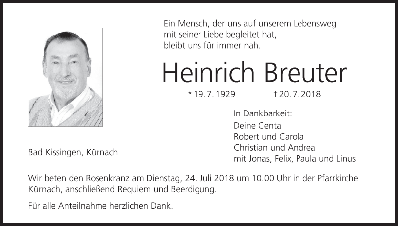  Traueranzeige für Heinrich Breuter vom 21.07.2018 aus MGO
