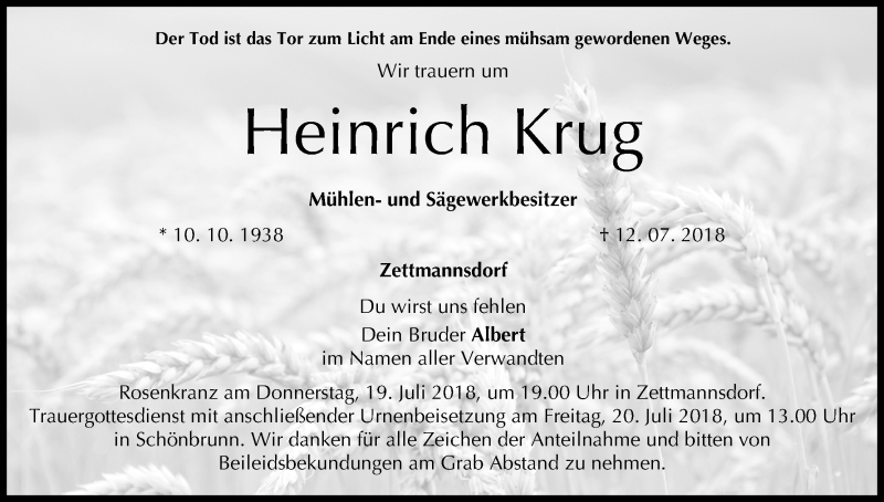  Traueranzeige für Heinrich Krug vom 18.07.2018 aus MGO