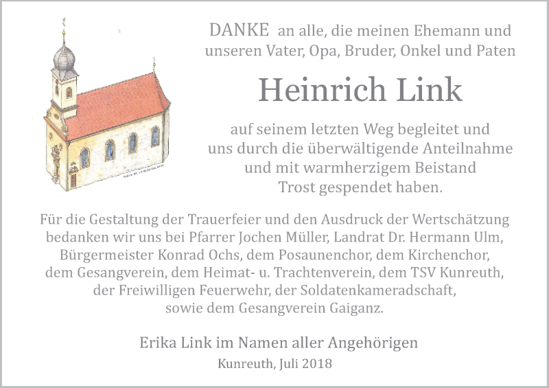  Traueranzeige für Heinrich Link vom 21.07.2018 aus MGO