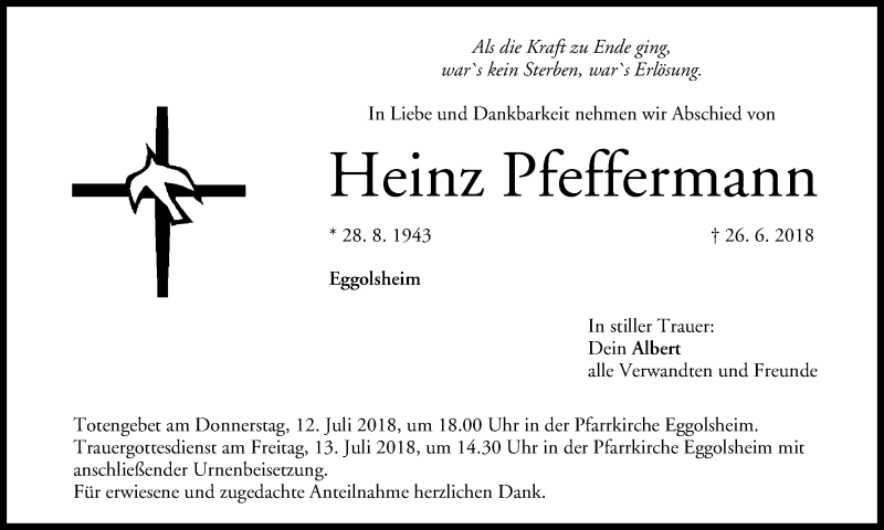  Traueranzeige für Heinz Pfeffermann vom 10.07.2018 aus MGO