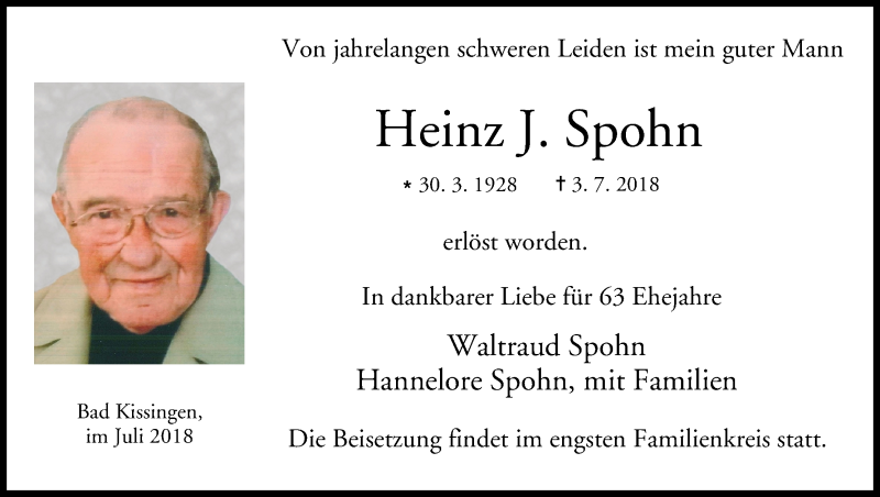  Traueranzeige für Heinz J. Spohn vom 14.07.2018 aus MGO