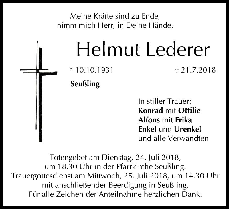  Traueranzeige für Helmut Lederer vom 23.07.2018 aus MGO