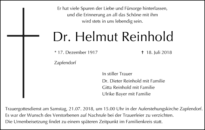  Traueranzeige für Helmut Reinhold vom 19.07.2018 aus MGO