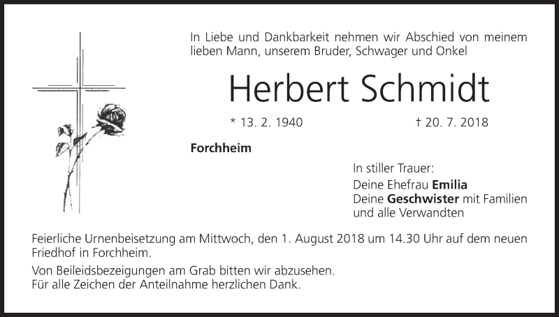  Traueranzeige für Herbert Schmidt vom 28.07.2018 aus MGO