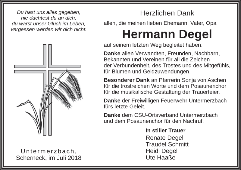  Traueranzeige für Hermann Degel vom 07.07.2018 aus MGO