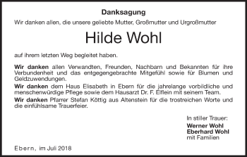 Anzeige von Hilde Wohl von MGO