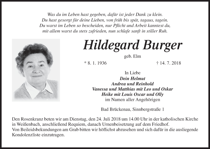  Traueranzeige für Hildegard Burger vom 21.07.2018 aus MGO