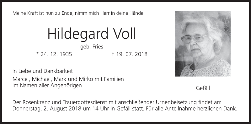  Traueranzeige für Hildegard Voll vom 28.07.2018 aus MGO