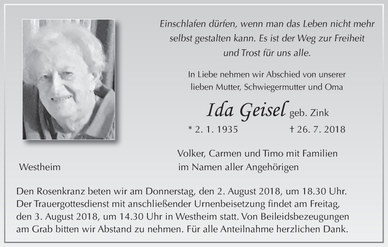  Traueranzeige für Ida Geisel vom 31.07.2018 aus MGO