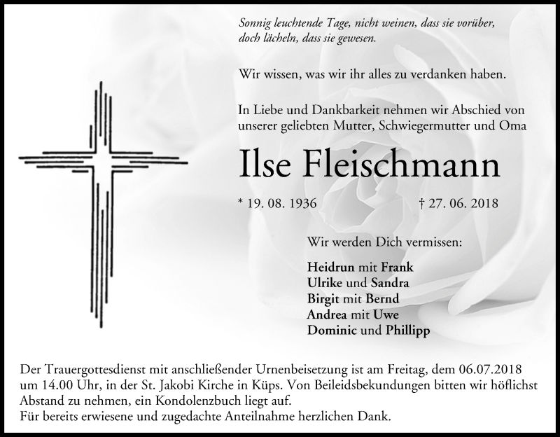  Traueranzeige für Ilse Fleischmann vom 03.07.2018 aus MGO