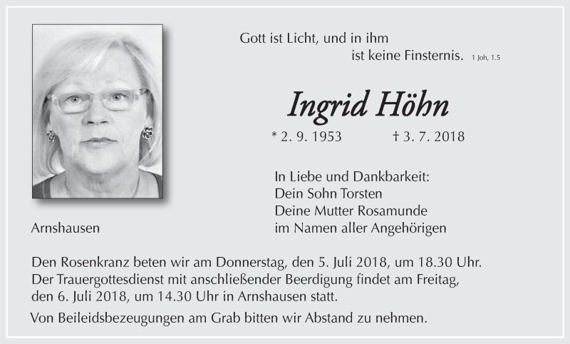 Traueranzeige für Ingrid Höhn vom 04.07.2018 aus MGO