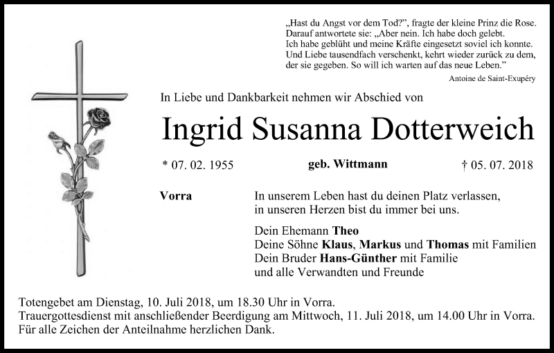  Traueranzeige für Ingrid Susanna Dotterweich vom 07.07.2018 aus MGO