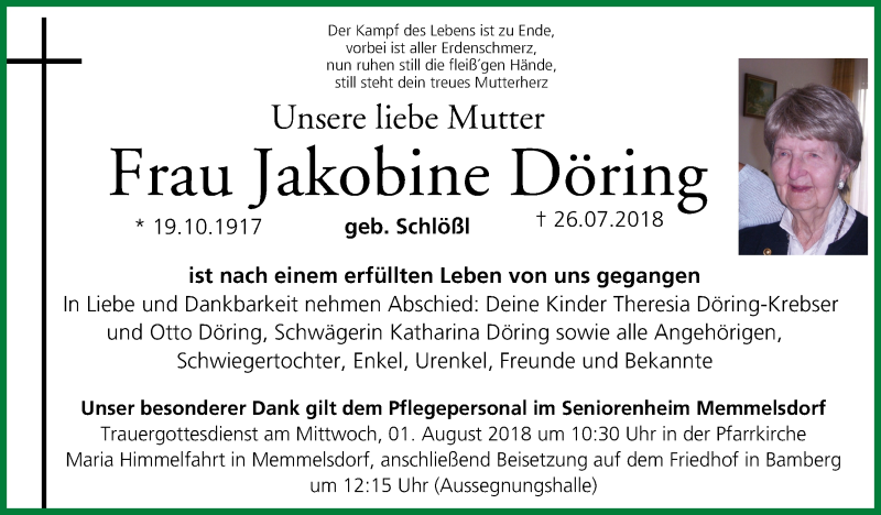  Traueranzeige für Jakobine Döring vom 30.07.2018 aus MGO