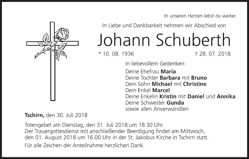  Traueranzeige für Johann Schuberth vom 30.07.2018 aus MGO