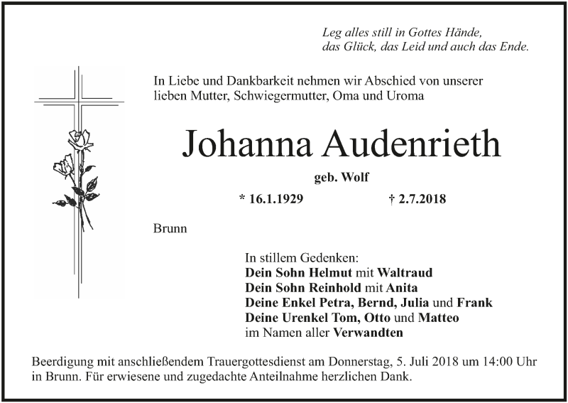  Traueranzeige für Johanna Audenrieth vom 03.07.2018 aus MGO