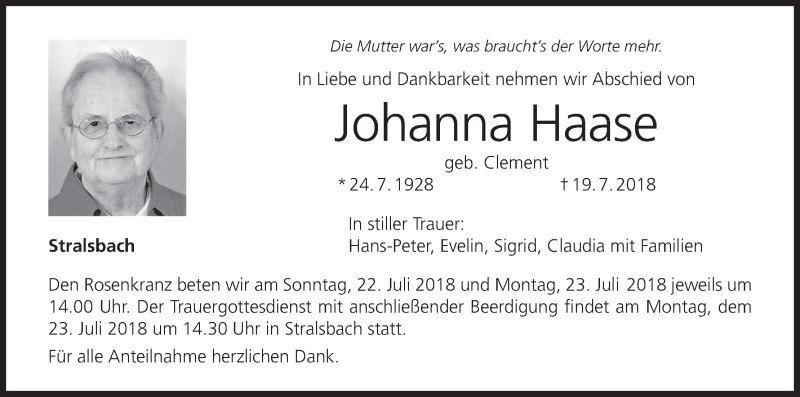  Traueranzeige für Johanna Haase vom 21.07.2018 aus MGO