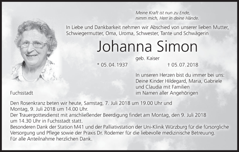  Traueranzeige für Johanna Simon vom 07.07.2018 aus MGO