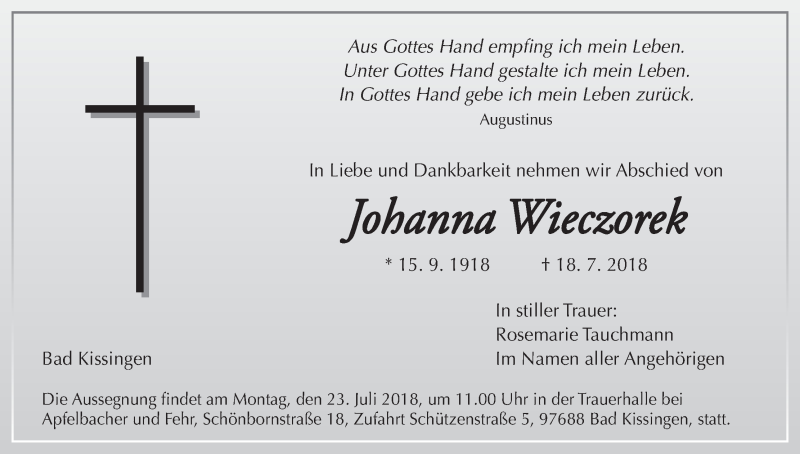 Traueranzeige für Johanna Wieczorek vom 21.07.2018 aus MGO