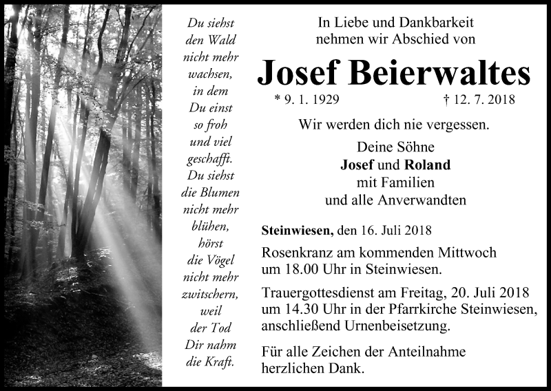  Traueranzeige für Josef Beierwaltes vom 16.07.2018 aus MGO