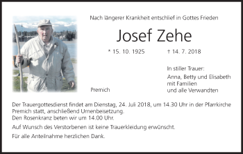 Anzeige von Josef Zehe von MGO
