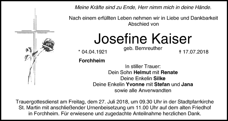  Traueranzeige für Josefine Kaiser vom 25.07.2018 aus MGO