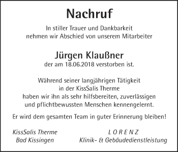 Anzeige von Jürgen Klaußner von MGO