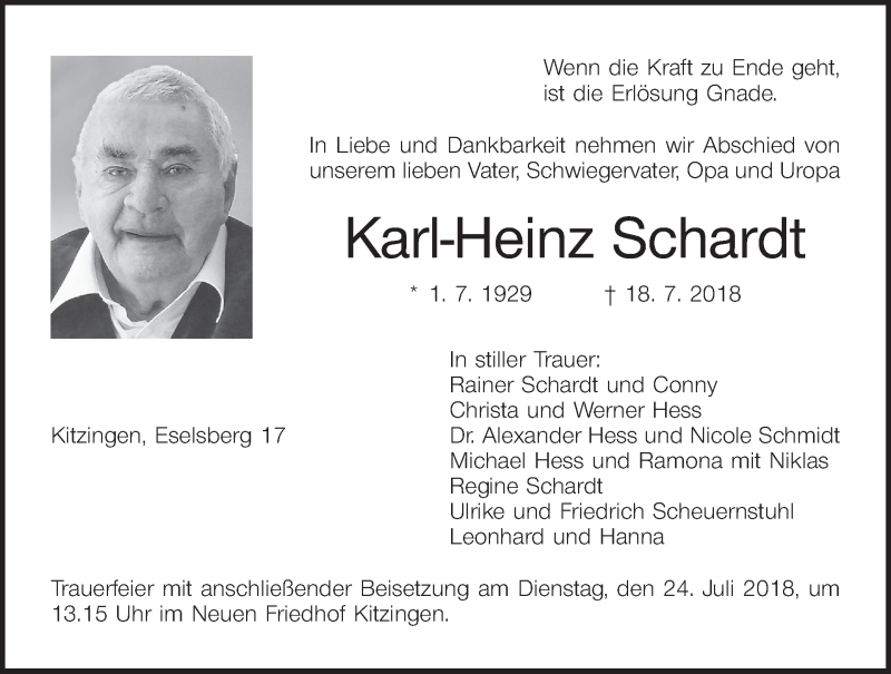  Traueranzeige für Karl-Heinz Schardt vom 21.07.2018 aus MGO