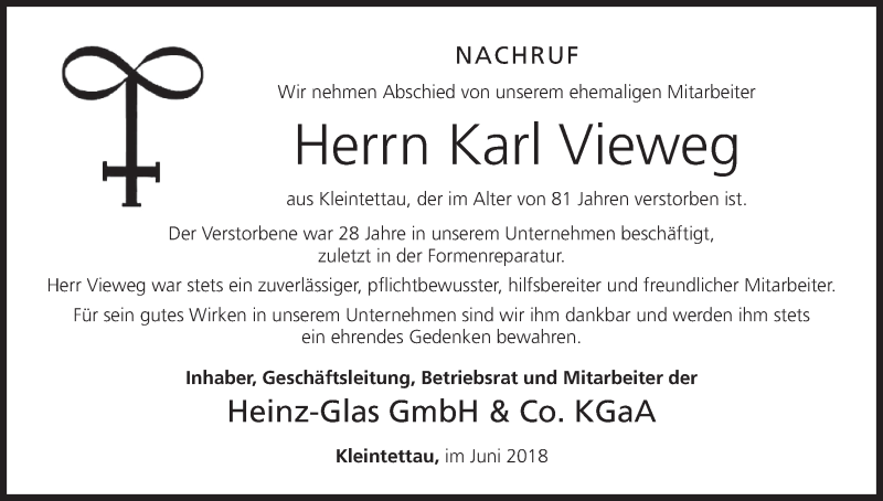  Traueranzeige für Karl Vieweg vom 03.07.2018 aus MGO