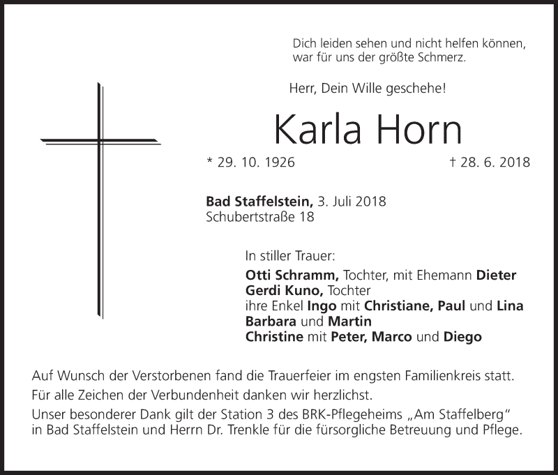  Traueranzeige für Karla Horn vom 03.07.2018 aus MGO